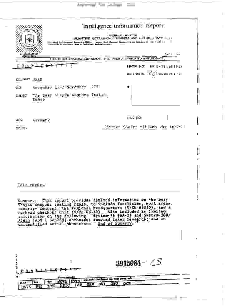 CIA-UAP-D001, Intelligence Information Report, USSR, 1973
