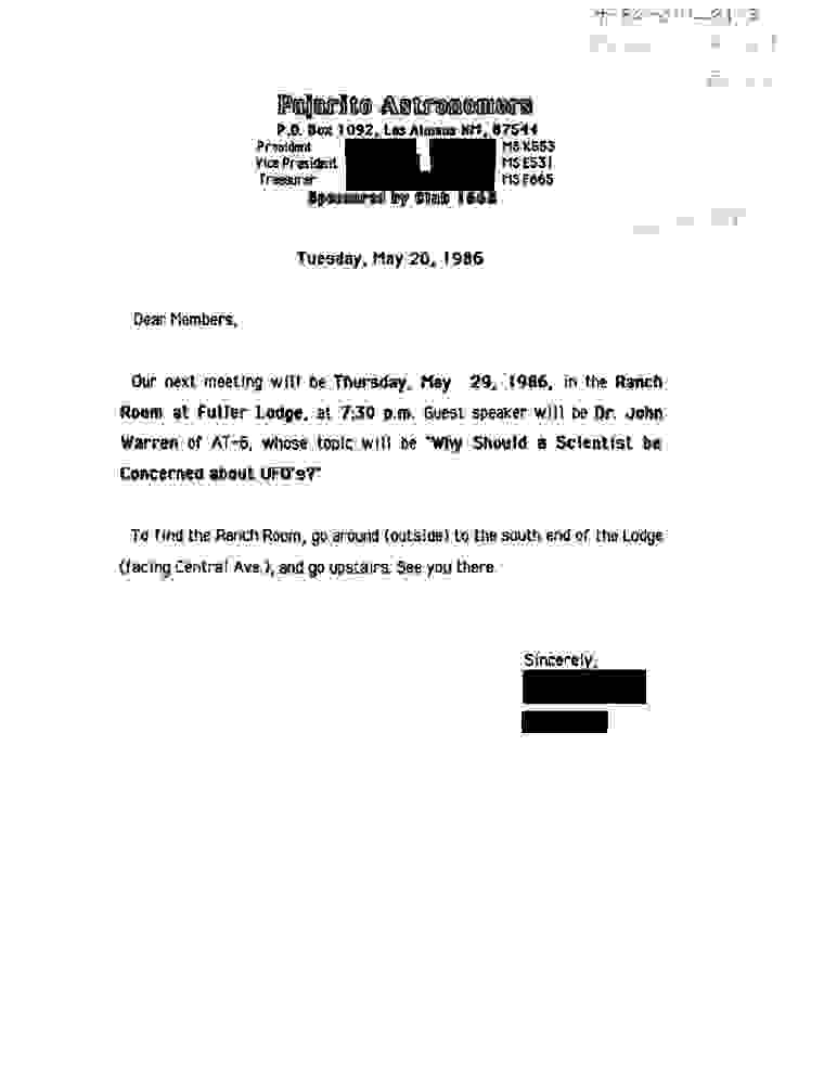 DOE-UAP-D003, Pajarito Astronomers Invitation, 1986