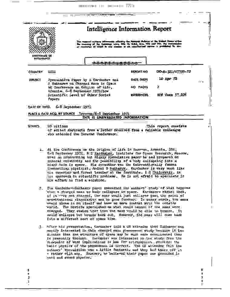 CIA-UAP-008, Speculative Paper By N Kardashev and A Sakharov on Charged Mass in Space at Conference on Origins Of Life, Armenia, 6-8 September 1971/Low Scientific Level Of Other Soviet Papers