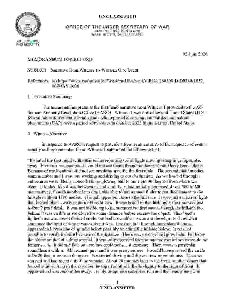 DOW-UAP-D079, Narrative Statement 1, Western United States Event, 2023