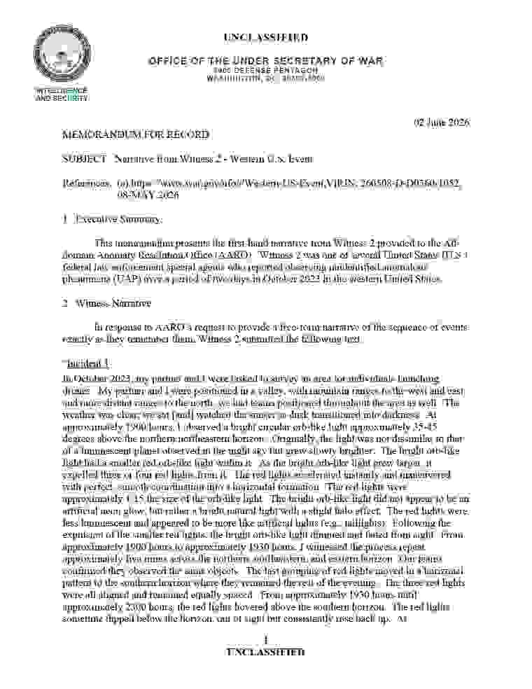 DOW-UAP-D080, Narrative Statement 2, Western United States Event, 2023