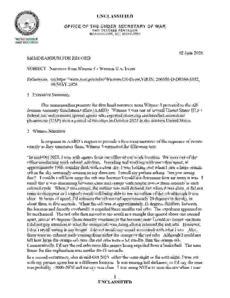 DOW-UAP-D081, Narrative Statement 3, Western United States Event, 2023