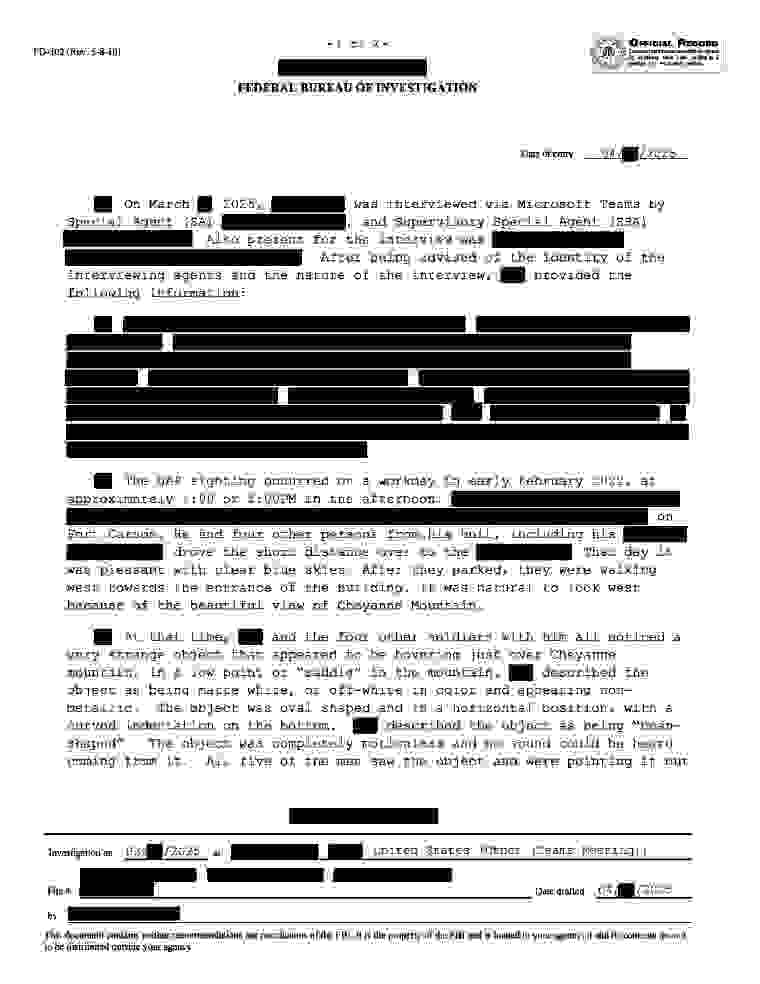 FBI-UAP-D001, FD-302, Unresolved UAP Report, Colorado Springs, 2022