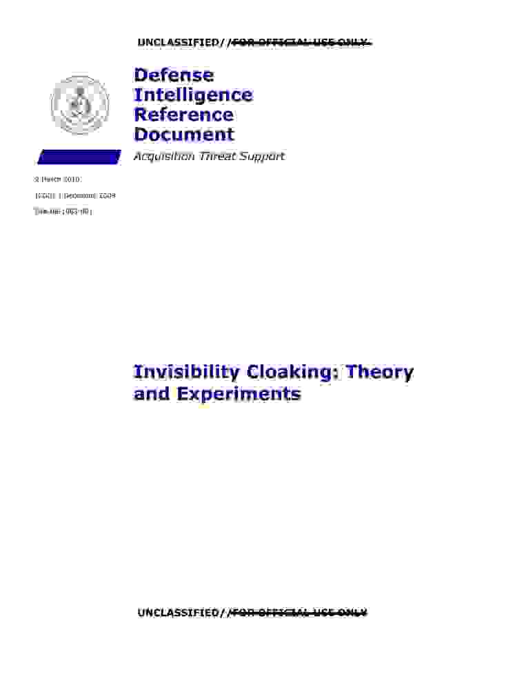 DOW-UAP-D122, AAWSAP DIRD, Invisibility Cloaking Theory and Experiments, March 2010