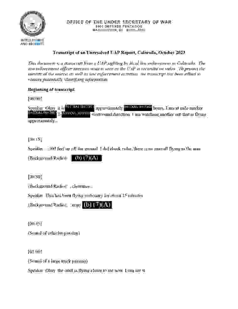 LLE-UAP-D001, Transcript of an Unresolved UAP Report, Colorado, October 2023